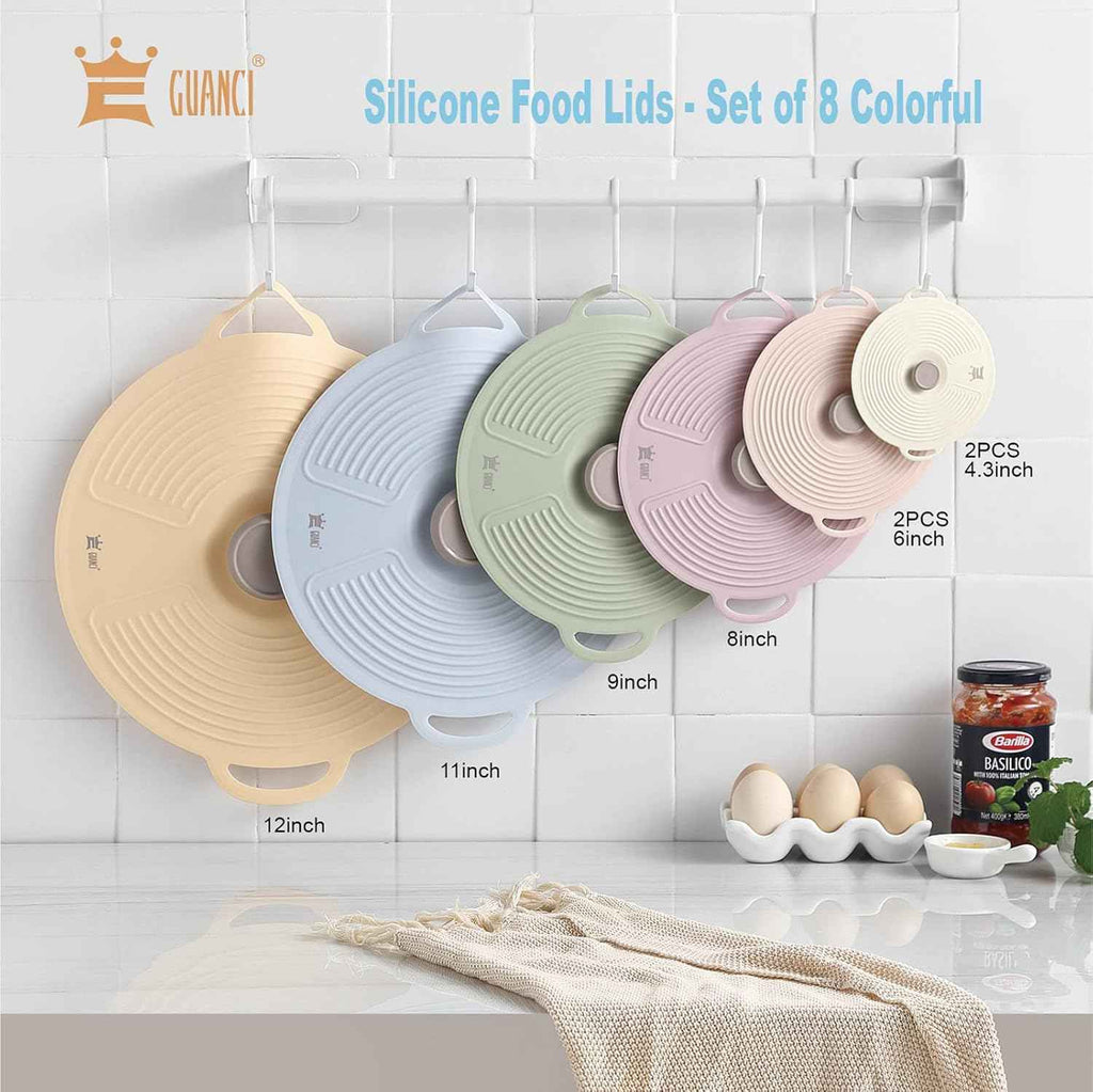 GUANCI 8 Pack Silicone Lids, Microwave Safe, Reusable, Heat Resistant, Fits Cups, Bowls, Pots, Pans, Stove Top, Oven, Fridge, Dishwasher