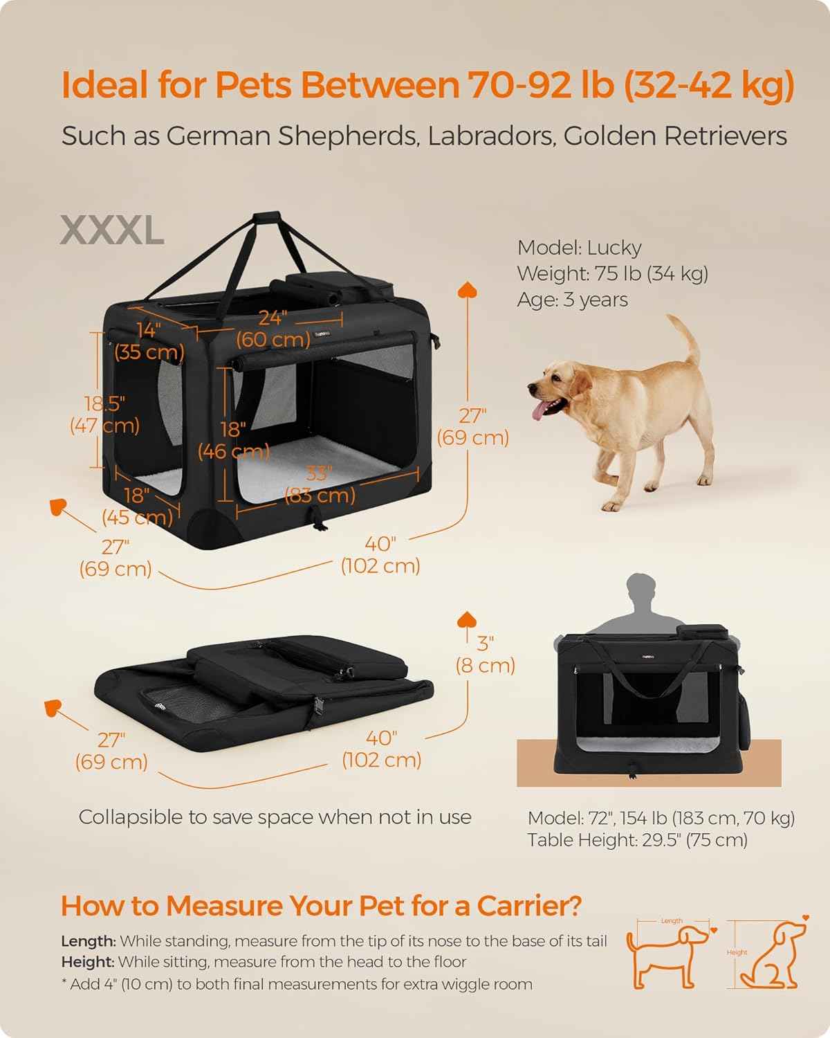 feandrea 40 inches collapsible soft dog crate black portable travel dog crate with safety zippers