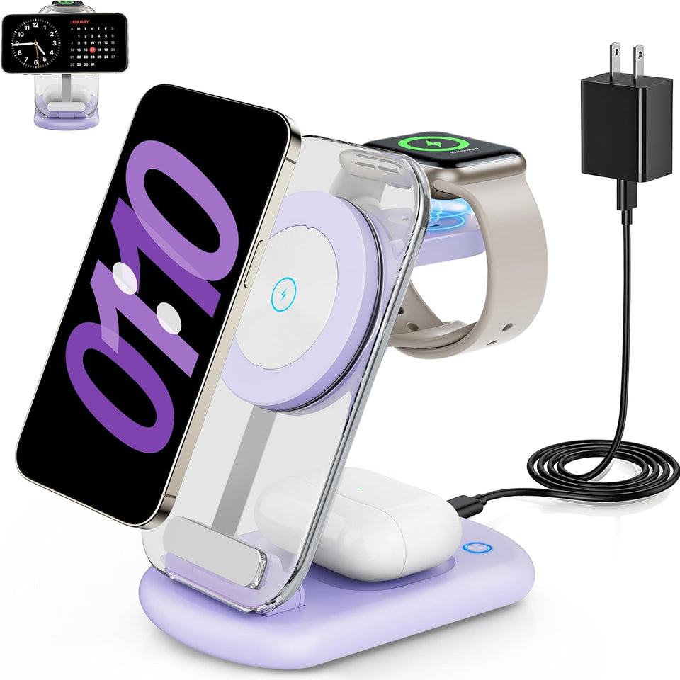 2025 Traveling Wireless Mag-Safe Fast Charging Station,Magnetic 3 in 1 Charger with Light for iPhone 17 16 15 14 13 12 Pro Max Plus,Apple Watch& Air pods 4 3 2 Pro-Gifts for Wife & Husband(White) - ShopUS