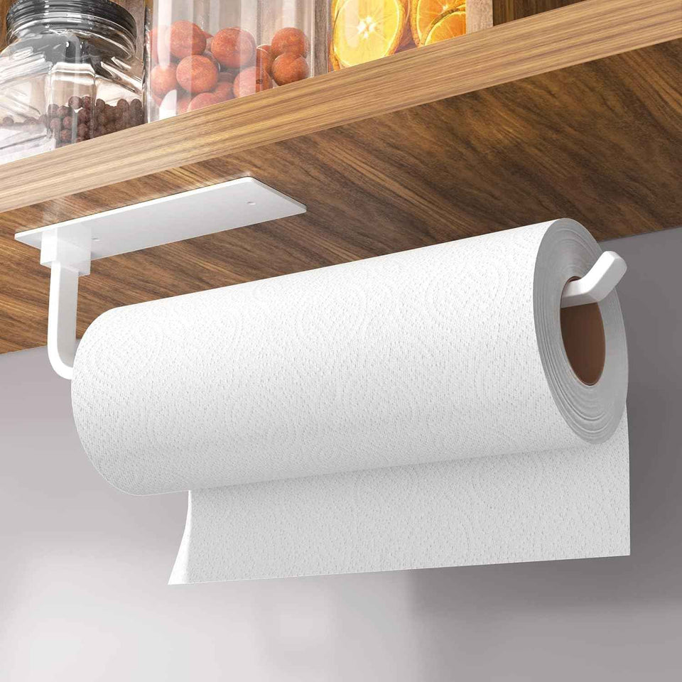 Paper Towel Holder - Self-Adhesive or Drilling, Matte Black, Upgraded Aluminum Kitchen Roll Dispenser Under Cabinet, Lighter but Stronger Than Stainless Steel!