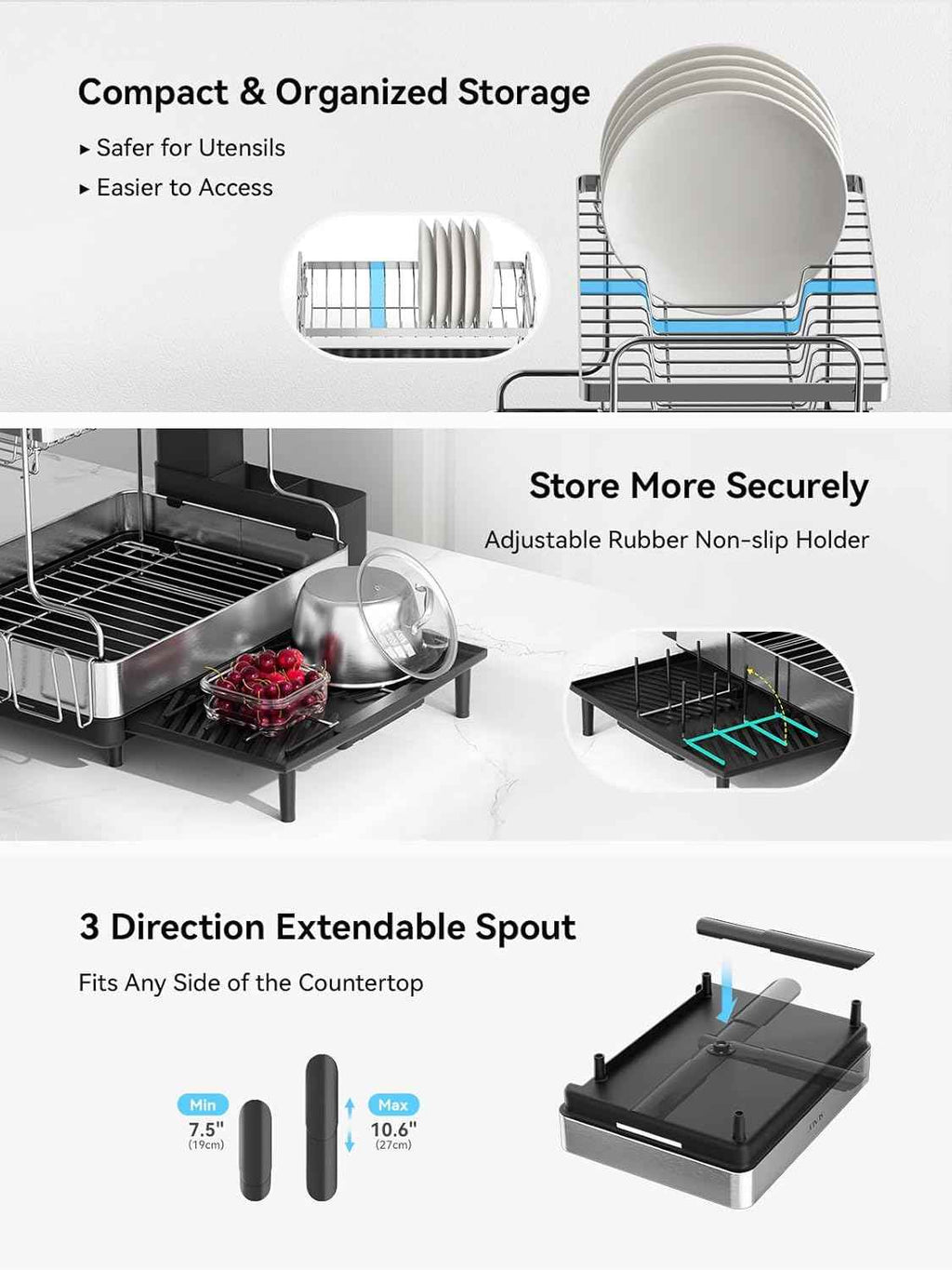 SUNLY 2 Tier Dish Drying Rack, Extra Large Dish Rack, Expandable Dish Racks for Kitchen Counter, Multifunctional Large Dish Drainers for Kitchen Counter, Black
