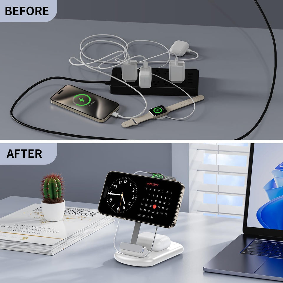 2025 Traveling Wireless Mag-Safe Fast Charging Station,Magnetic 3 in 1 Charger with Light for iPhone 17 16 15 14 13 12 Pro Max Plus,Apple Watch& Air pods 4 3 2 Pro-Gifts for Wife & Husband(White) - ShopUS