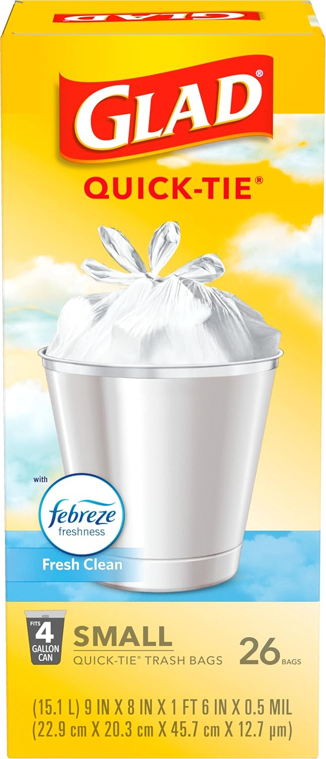 Glad Small Trash Bags 4 Gallon, Febreze Fresh Clean Garbage Bags, Odor Resistant with Quick Tie, 26 Count - ShopUS