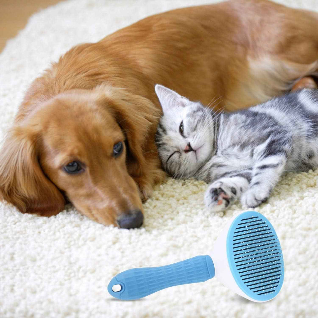 Depets self-cleaning slicker brush for dogs, cats, and bunnies with long or short hair - blue and white