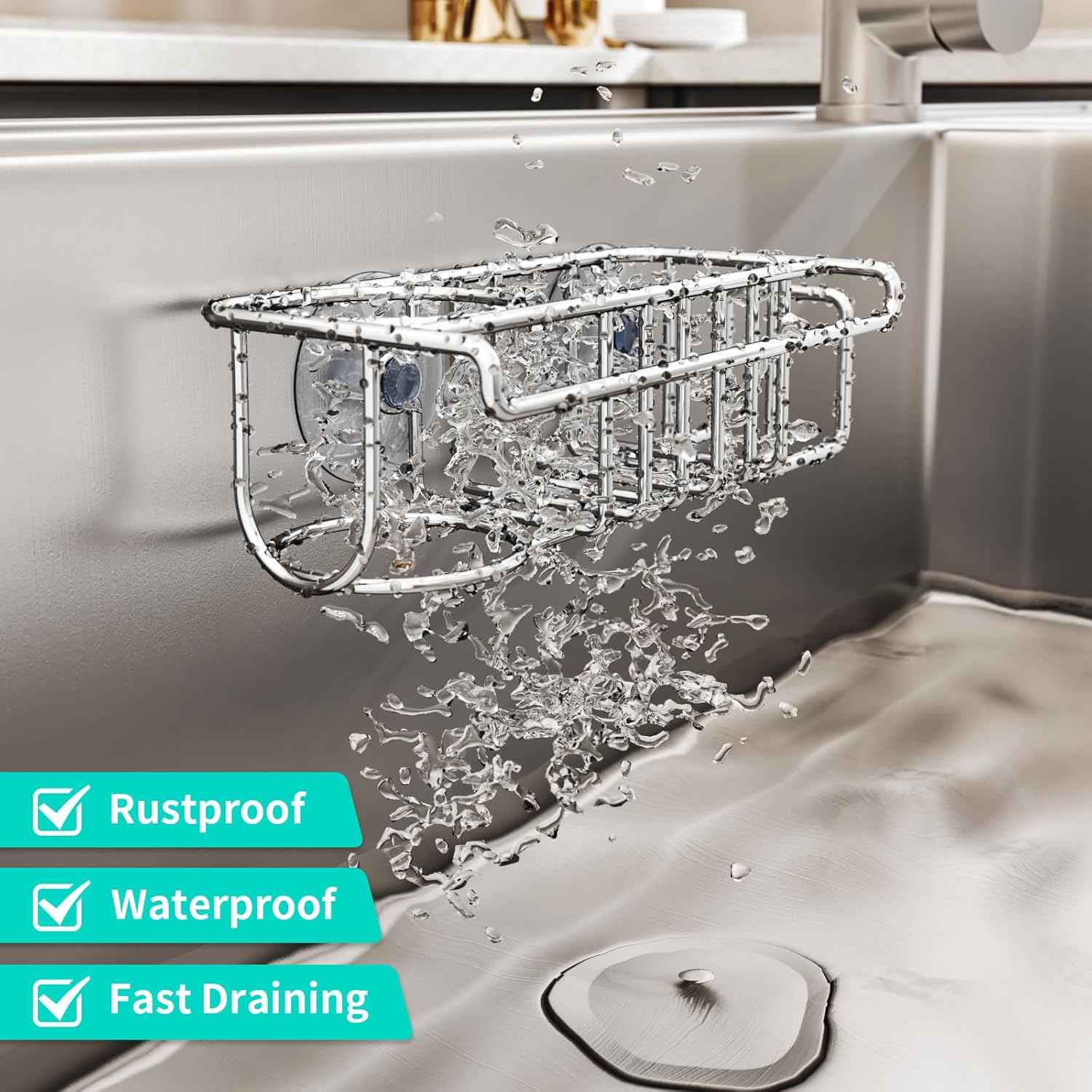 HapiRm 4-in-1 Stainless Steel Sink Caddy with Sponge Holder, Dish Cloth Hanger, Soap Rack, and Sink Stopper Rack