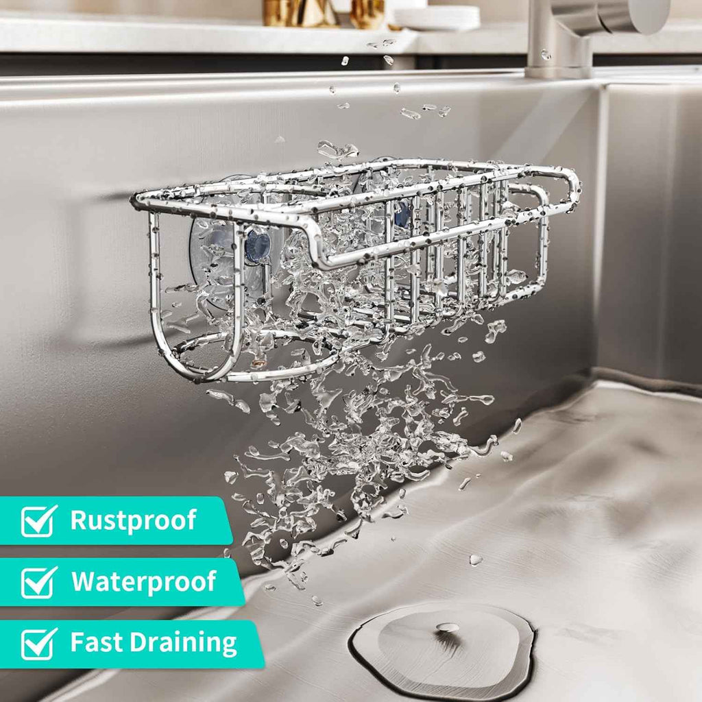 HapiRm 4-in-1 Stainless Steel Sink Caddy with Sponge Holder, Dish Cloth Hanger, Soap Rack, and Sink Stopper Rack