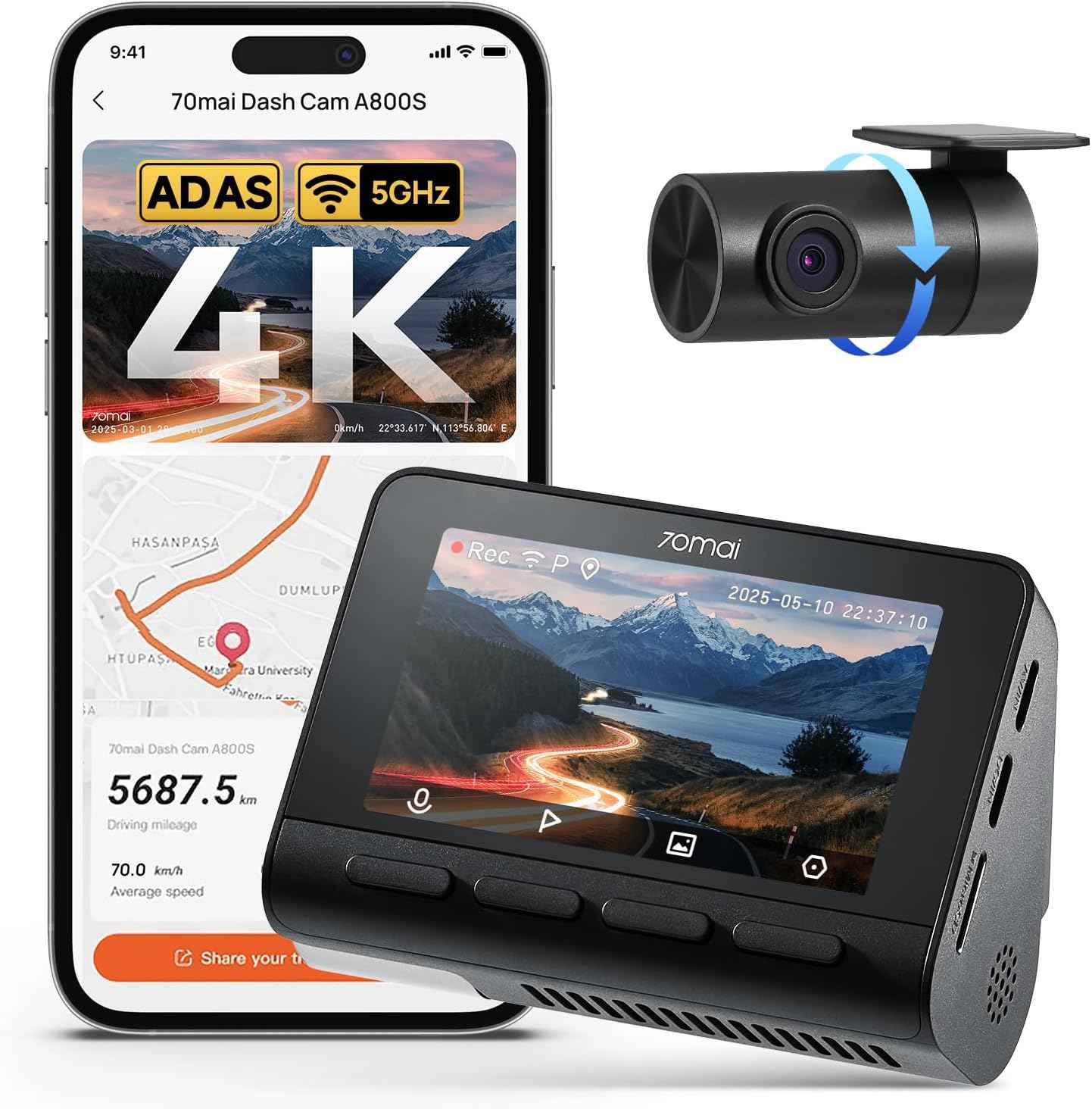 70mai 4K front and rear dash cam with STARVIS, Wi-Fi, GPS, and ADAS features