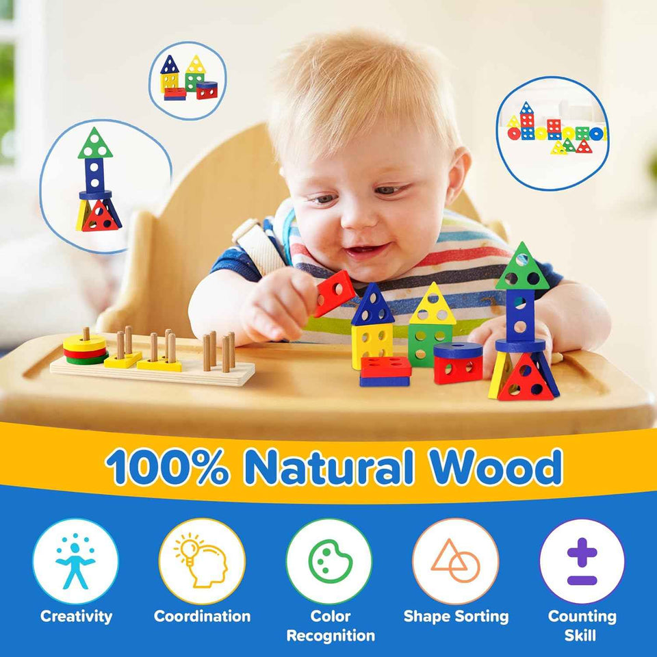 6-in-1 Baby Toys 6 to 12 Months, Montessori Toys for Babies 6-12-18 Months, Infant Teething Toy Stacking Blocks Rings Sensory Bin, Sorting Sensory Educational Learning Gift for Toddlers Aged 1-3