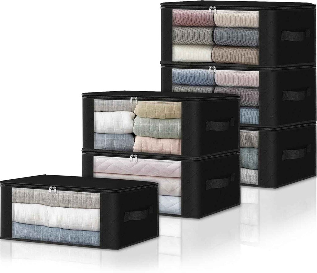 HomeHacks Storage 3-Pack Clothes Organizer Storage Bags Foldable Storage Box with Large Clear Window Sturdy Handles for Closet, Dorm, Pillows, Bedding, Clothes, Blankets, 35L, Gray