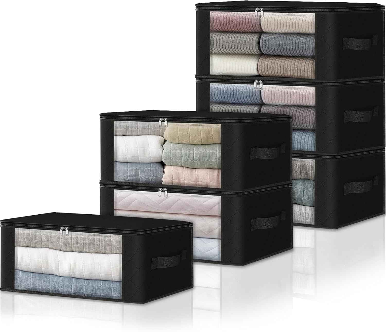 HomeHacks Storage 3-Pack Clothes Organizer Storage Bags Foldable Storage Box with Large Clear Window Sturdy Handles for Closet, Dorm, Pillows, Bedding, Clothes, Blankets, 35L, Gray