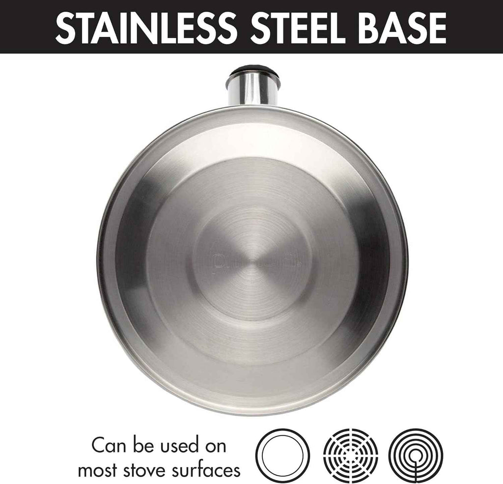 Primula Stewart Whistling Stovetop Tea Kettle Food Grade Stainless Steel, Hot Water Fast to Boil, Cool Touch Folding, 1.5-Quart, Brushed with Black Handle