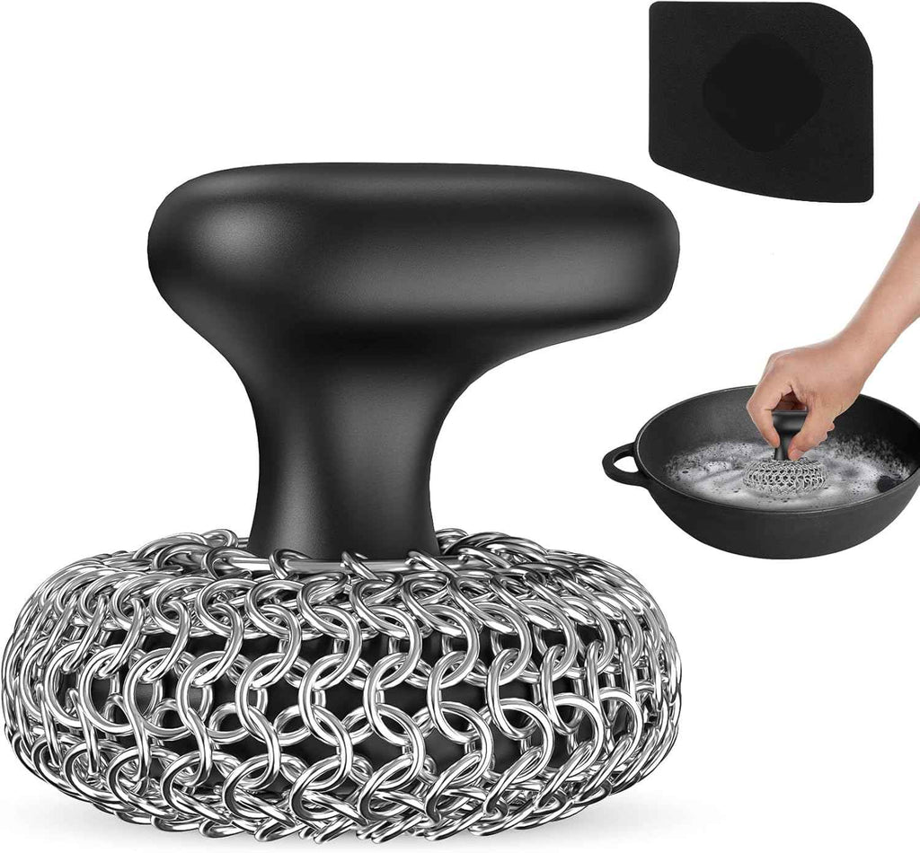 Purgreat Cast Iron Scrubber for Cast Iron Pan Skillet Cleaner - Dish Scouring Pad Dishwasher Safe Cleaning Kit, Black