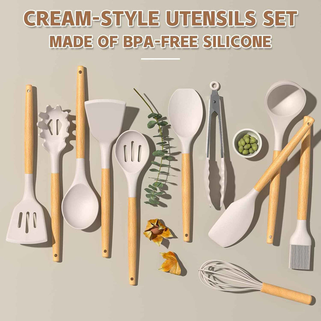 Umite Chef 33 Pcs Non-Stick Silicone Cooking Utensils Set with Holder, Wooden Handle, Silicone Kitchen Gadgets Utensil Set