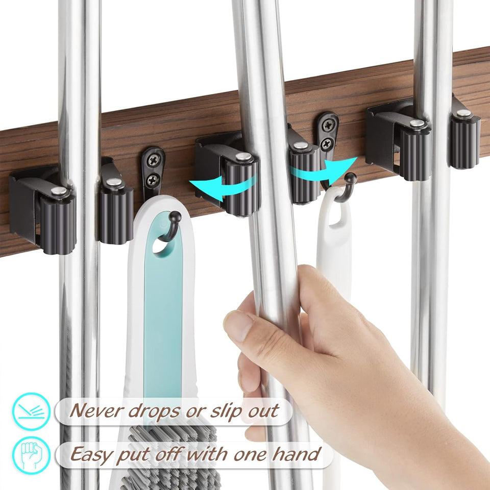 Mop and Broom Holder Wall Mount - Rustic Wood Broom Mop Hanger - Wall Mounted Garden Tool Rack Organizer for Closet Garage Laundry Room Kitchen Decor With 4 Slots & 4 Hooks - ShopUS