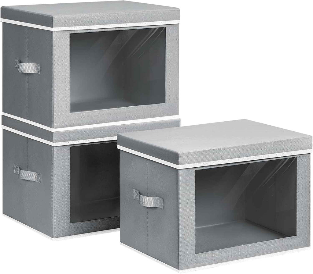 Storage Bins with Lids - Fabric Closet Storage Bins with Window, Collapsible Baskets for Shelves 4 Pack, Home Decorative Boxes for Clothes, Closet, Office, Grey