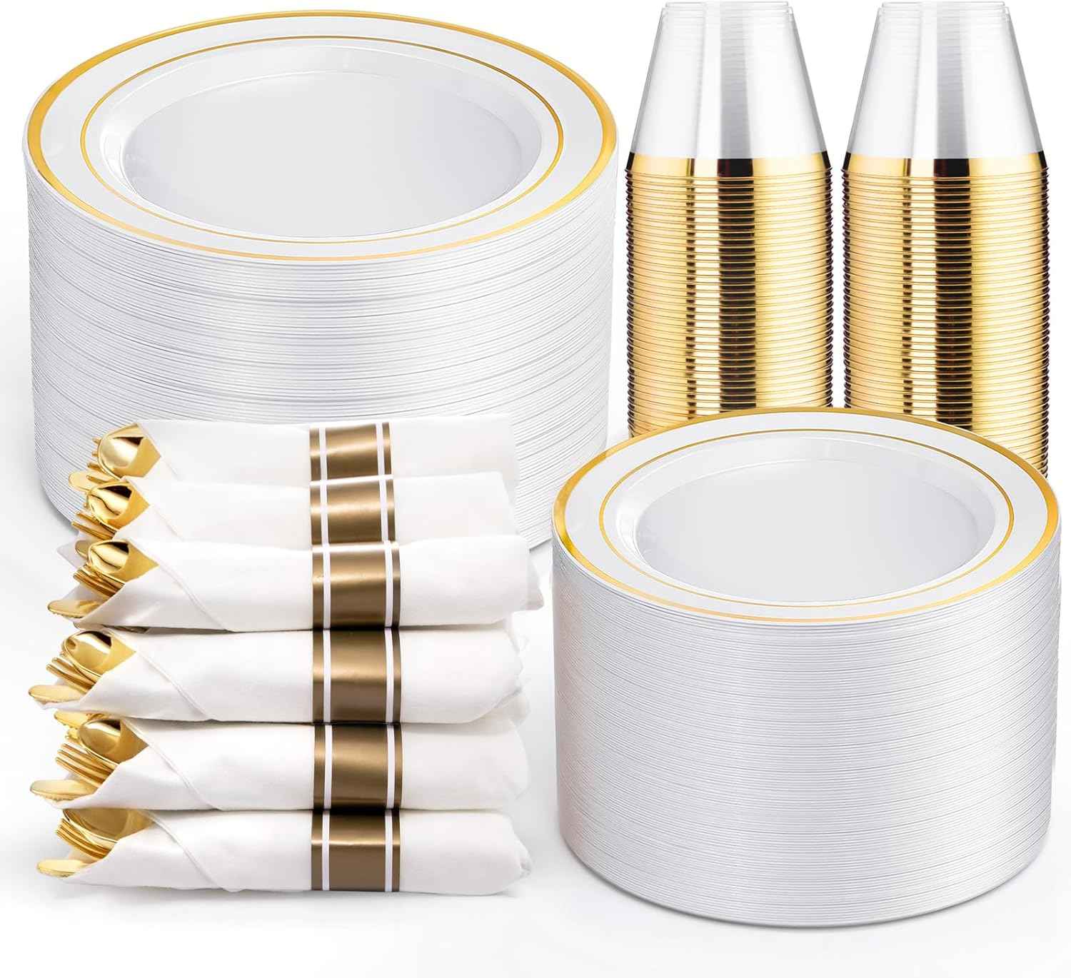 WELLIFE 700 Pieces Silver Plastic Dinnerware Set for 100 Guests - Includes Plates, Cups, Napkins, and Disposable Cutlery - Elegant White & Silver Design, Perfect for Parties and Events