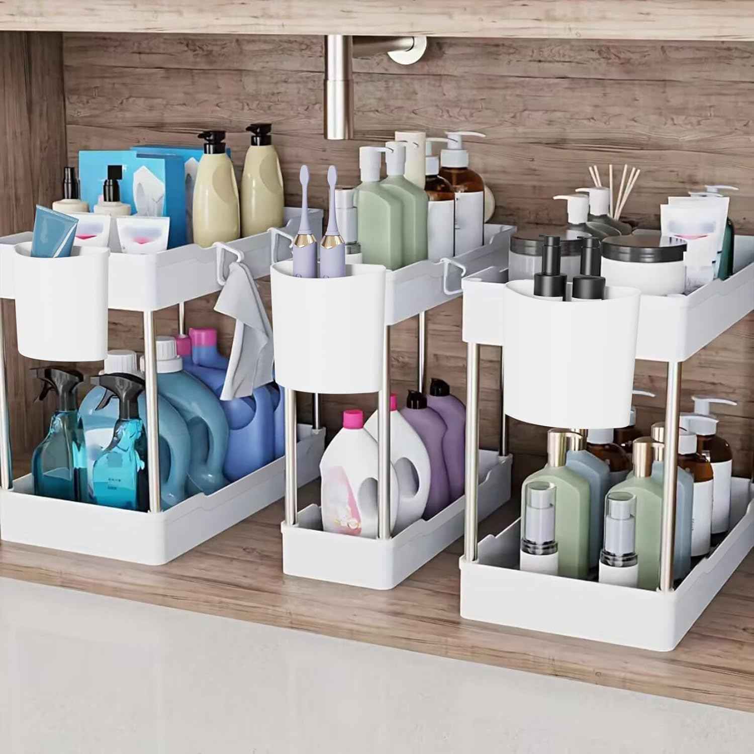 3 Pack Under Sink Organizer, 2 Tier Bathroom Cabinet with Hanging Cups, White, Kitchen & Bathroom Storage