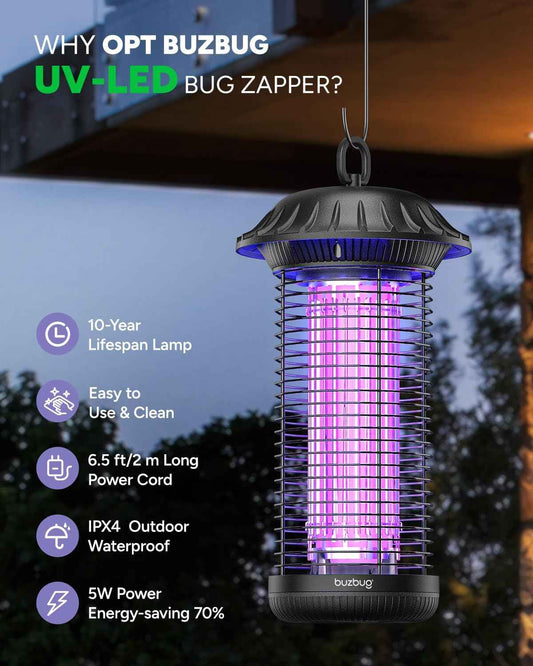Buzbug LED Bug Zapper Indoor Outdoor, 10 Years Lifespan, 6.5ft Power Cord, IPX4 Waterproof, High-Voltage, Mosquito Zapper, Fly Trap Mosquito Trap, Fly Killer Fly Zapper -MO008C
