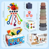 EPOGG 6 in 1 Montessori Toys for Babies 6-12 Months Up - Incl Pull String Toy, Stacking Cups, Tissue Box, Suction Cup Spinner, Stacking Blocks,Activity Cube, Baby Toys for 1 2 3 Year Old