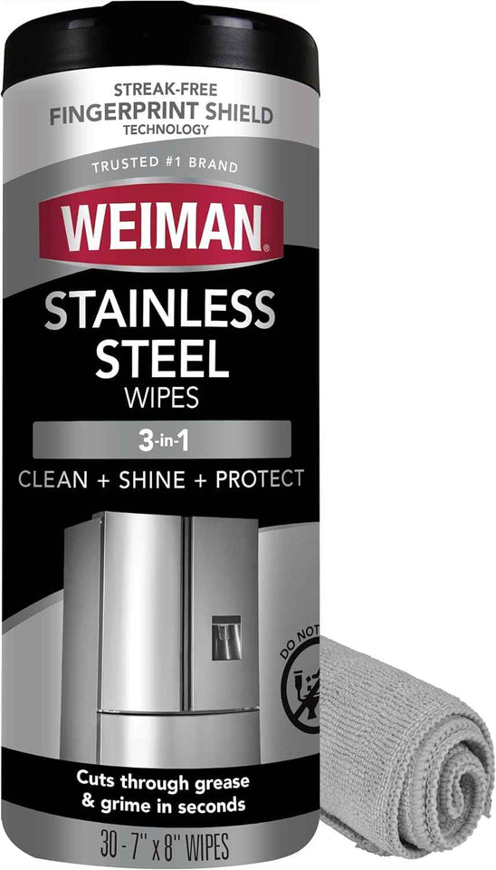 Weiman Stainless Steel Cleaner, 30 Count Cleaning Wipes, Removes Dirt, Grime, and Grease, No Streaks or Residue, Stainless Steel Polish for a Sparkling Clean and Shiny Surface, Cleaning Supplies