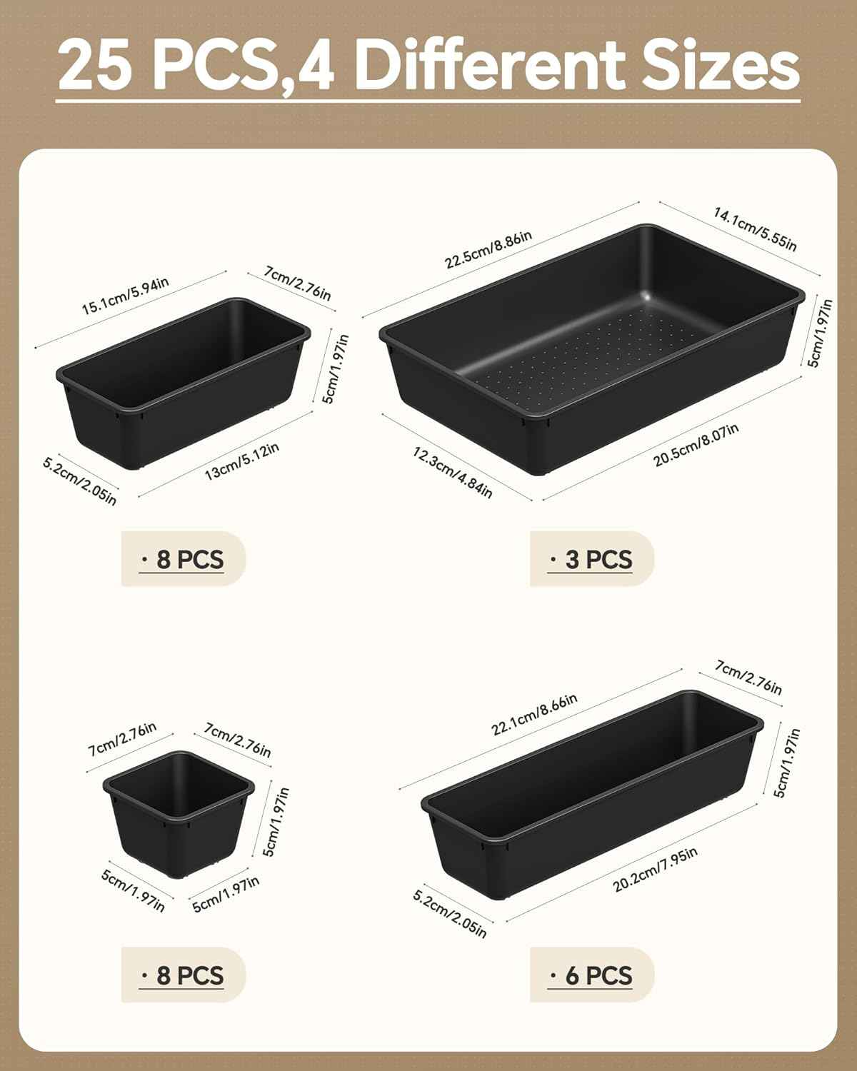 25-piece plastic drawer organizer set, 4 sizes, black, for makeup and desk storage