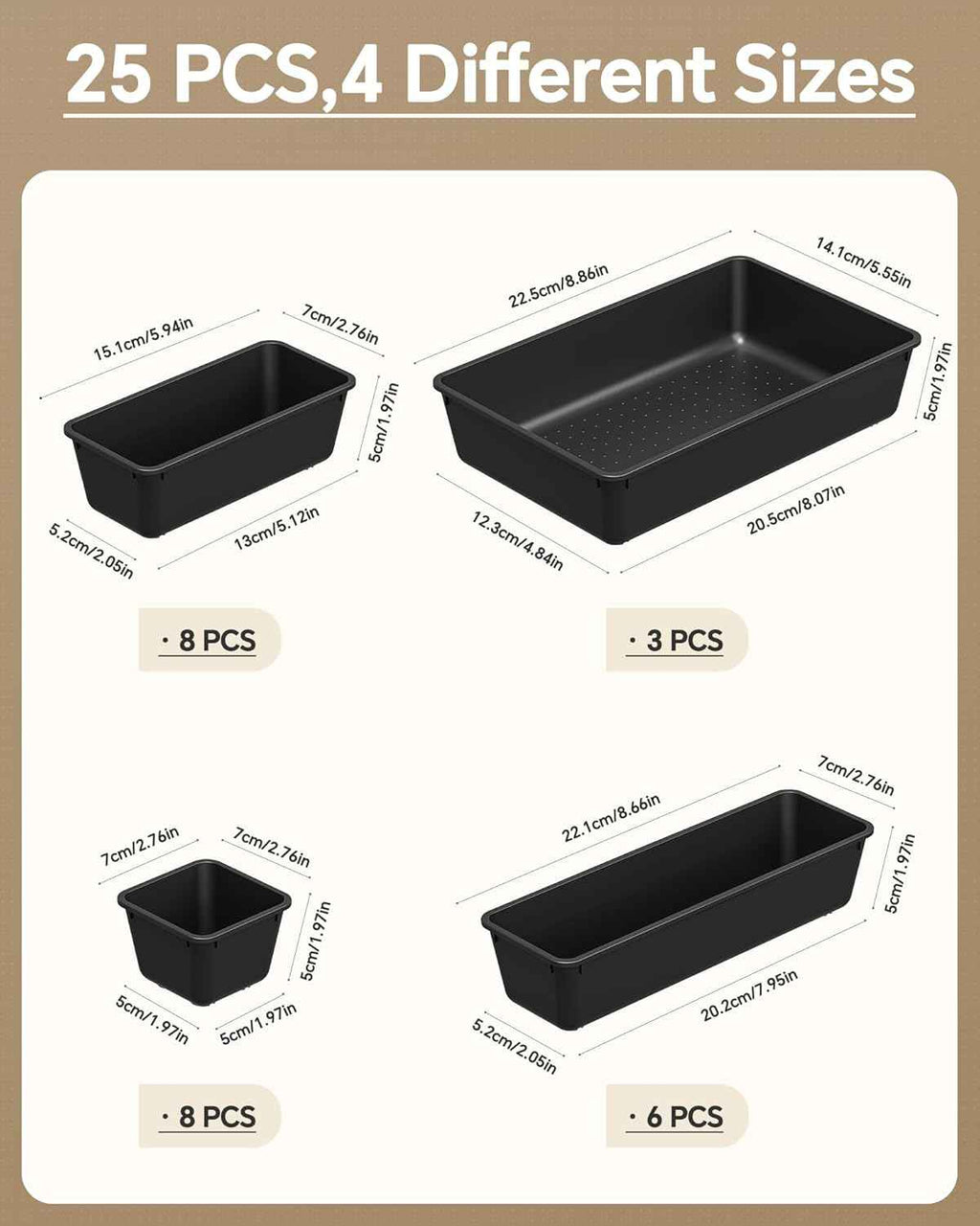 25-piece plastic drawer organizer set for makeup and desk storage, 4 sizes, black, stackable, easy to assemble