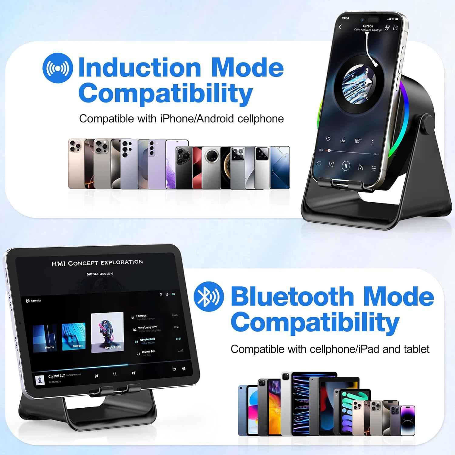 Tarkari 5-in-1 wireless induction speaker with 360° rotation stand and colorful ambient light, compatible with iPhone, iPad, and Android