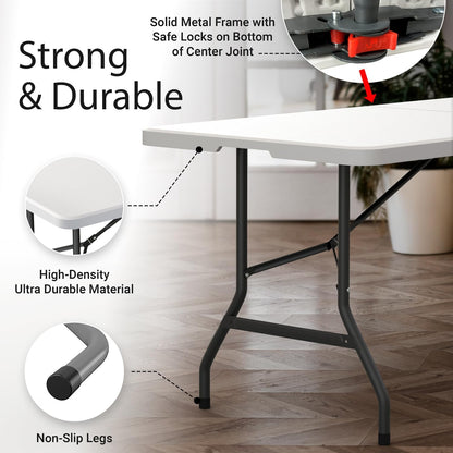 6 Feet Foldable Table with Built in Handle & Steel Legs | 6FT Heavy Duty Folding Portable | Perfect for Party, Dining, Wedding, Events, Picnic Indoor, Outdoor, Camping, Utility, Folding - 6 Foot