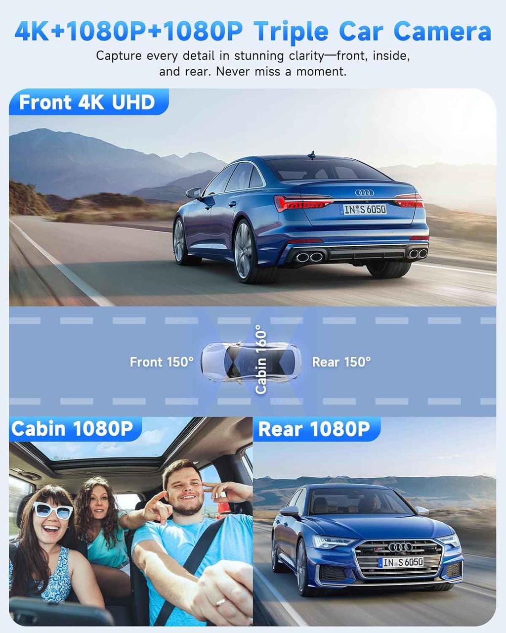 sarmert 4k 3 channel dash cam with 64gb free card, g-sensor, wdr, and 5g wifi