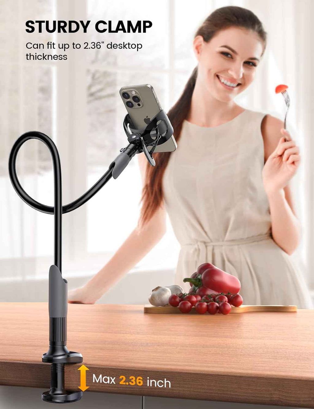 Lamicall phone mount, flexible long arm for bedside, desk, and headboard, fits 4-7" phones, iPhone 14 to 17 Pro Max
