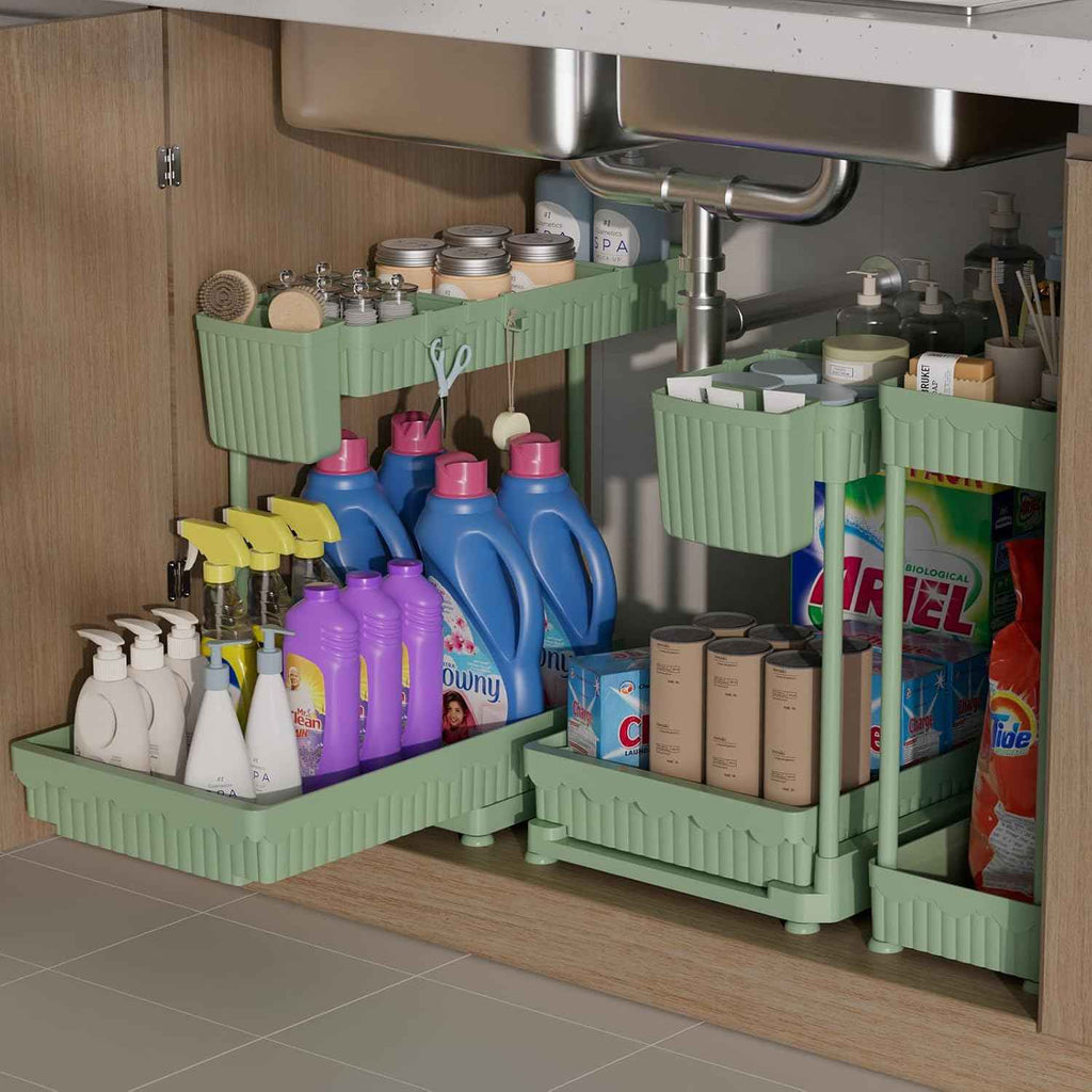 3 Pack Multi-Purpose Under Sink Organizers and Storage, 2026 L-Shaped Pull Out Cabinet Organizer for Bathroom & Kitchen, Under Cabinet Organizer with Hooks Hanging Cup, Black