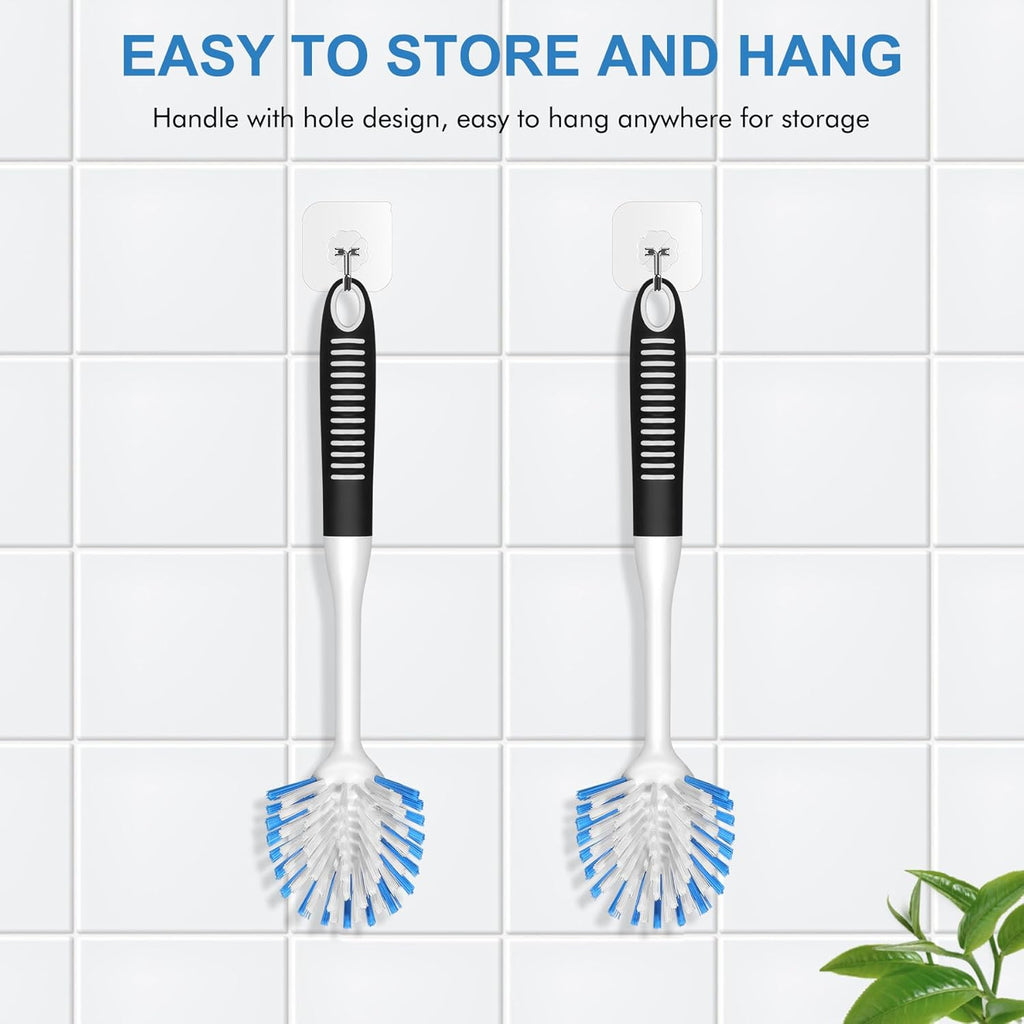 SetSail Dish Brush with Handle, 2 Pack Stiff Bristles Dish Scrubber with Built-in Scraper Dish Scrub Brushes for Cleaning Dishes, Pots and Pans, Kitchen Sink