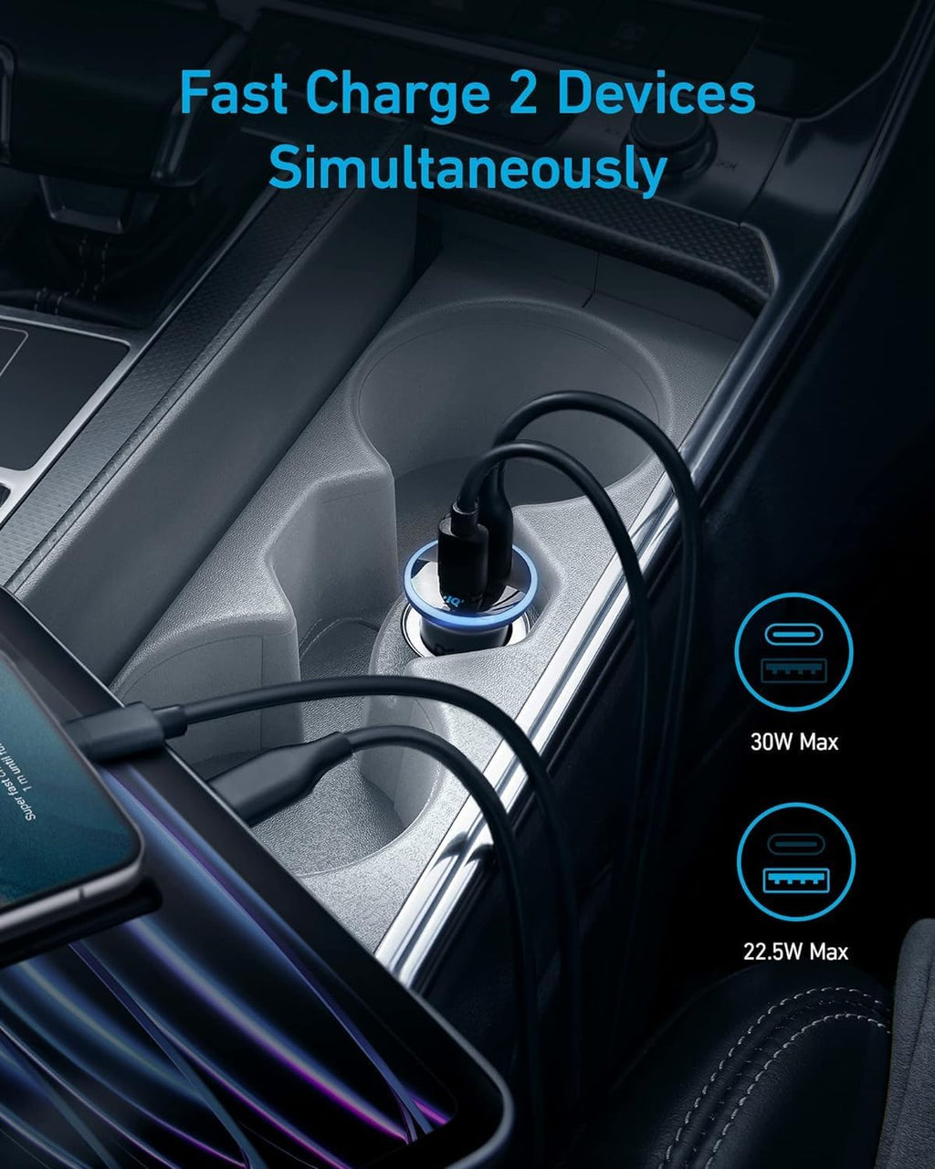 Anker 323 USB C Car Charger Adapter, 52.5W Cigarette Lighter Charger with 30W PowerIQ 3.0 Fast Charging Cable for iPhone 17/17 Pro Max/16/15/14 Series, Galaxy S25/24/23, Pixel, iPad, AirPods and More - ShopUS
