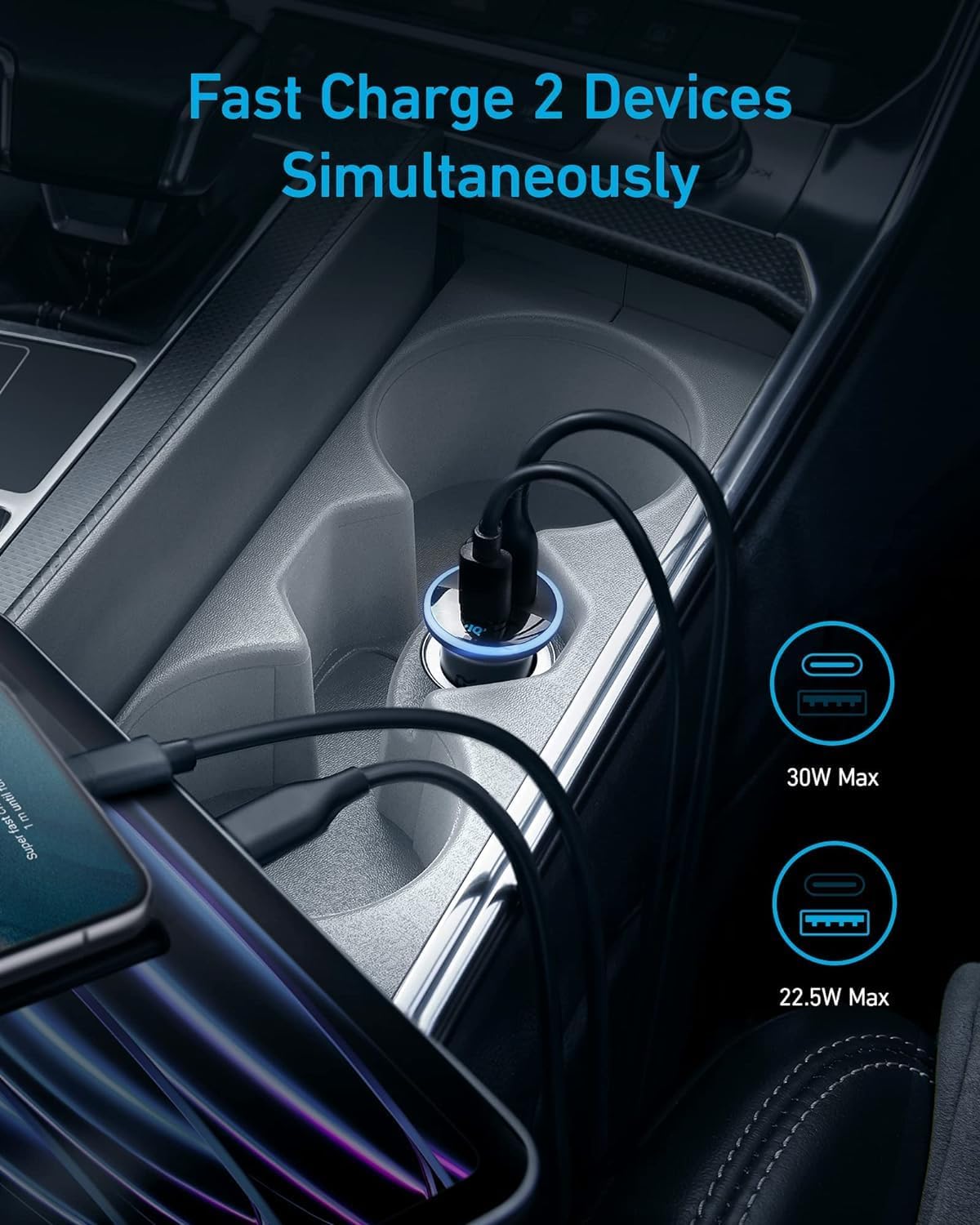 Anker 323 USB C Car Charger Adapter, 52.5W Cigarette Lighter Charger with 30W PowerIQ 3.0 Fast Charging Cable for iPhone 17/17 Pro Max/16/15/14 Series, Galaxy S25/24/23, Pixel, iPad, AirPods and More - ShopUS