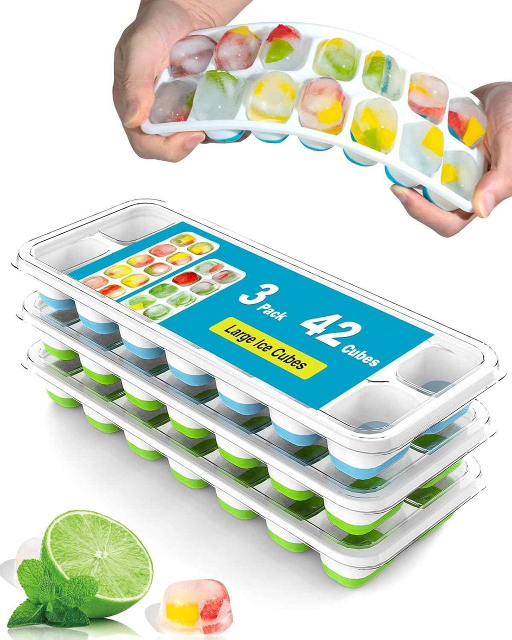 Ice Cube Trays for Freezer - 3 Pack 42 Cubes, Easy to Release Silicone Ice Trays with Spill-Resistant Lids, Reusable