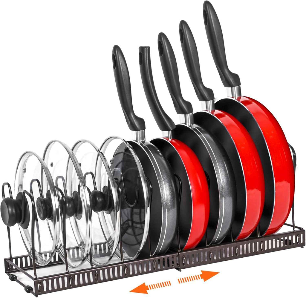 Bronze Expandable Pot and Pan Organizer with 10 Adjustable Compartments for Kitchen Cabinet Cookware