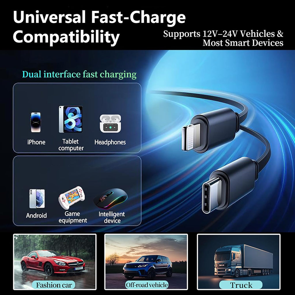 MLVOC 120W Fast Charging Car Charger with Earbuds, Retractable 4-in-1 USB-C & Lightning for iPhone & Android (Black) - ShopUS