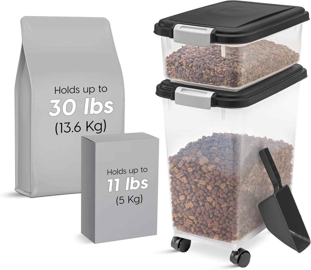 iris usa dog food storage container combo, 30 lbs & 11 lbs, airtight, stackable, wheels, black