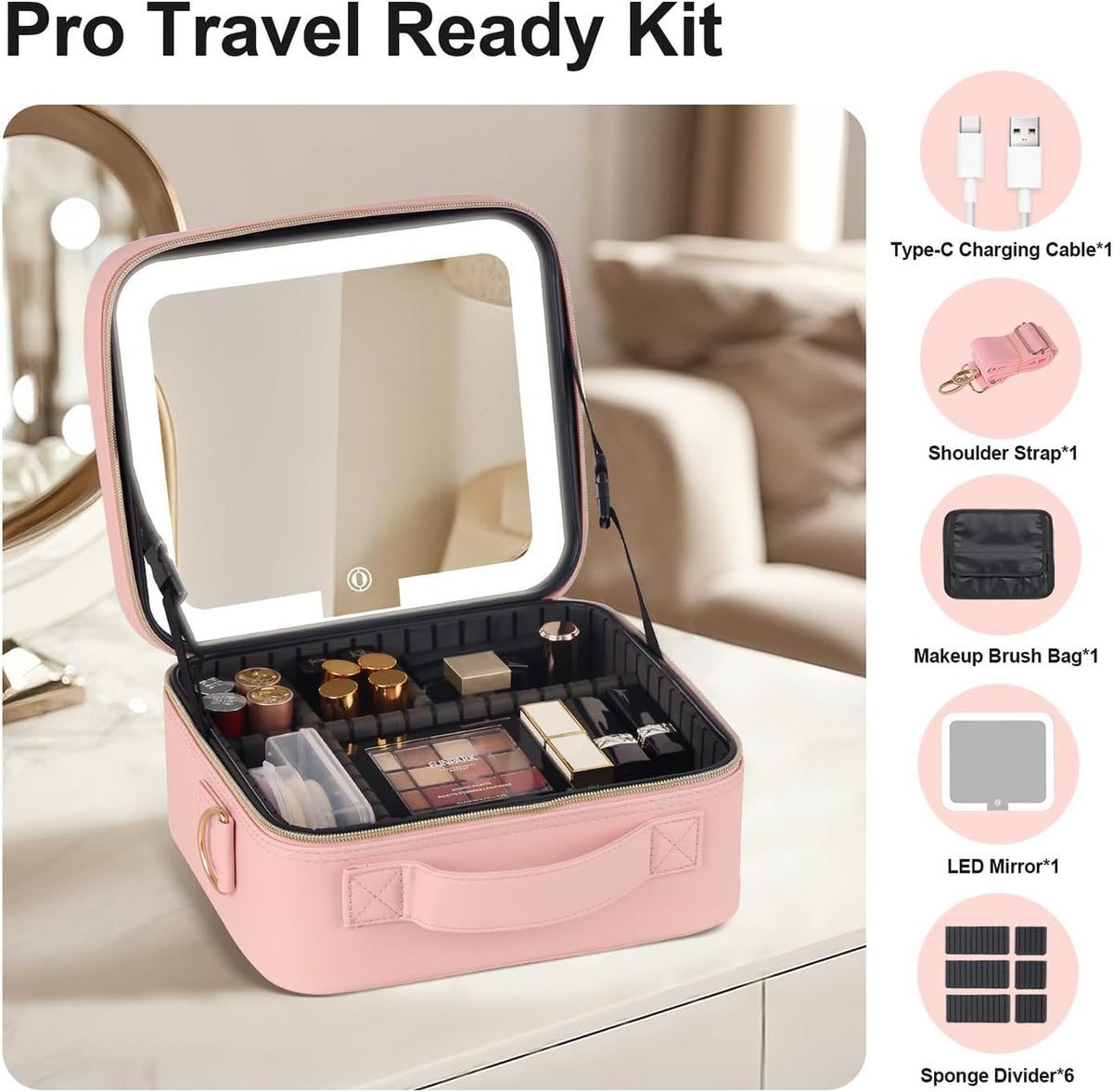 BEAUTY CASE Makeup Case with LED Light Mirror, 10 Inch Portable Travel Cosmetic Organizer Bag with Adjustable Dividers, Rechargeable, Large Capacity, Bright Lighting, Gift for Women Girls, Pink