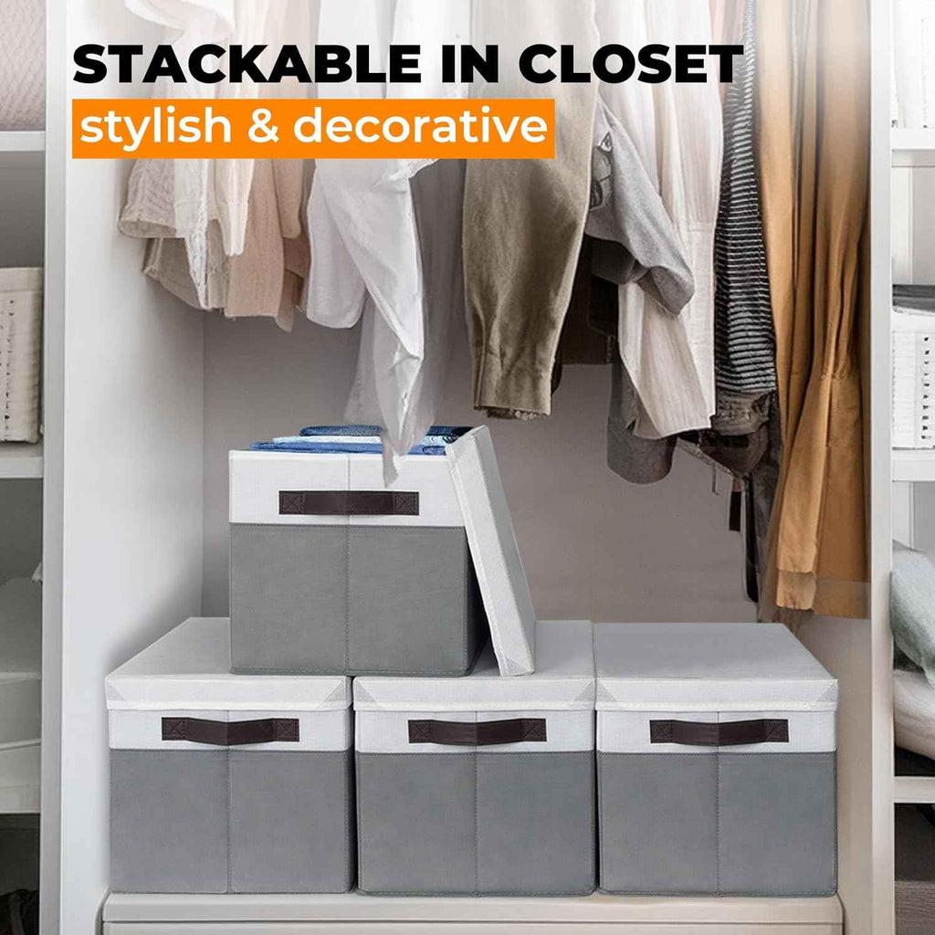 Large Closet Storage Baskets Bins with Lids - 4 Pack, Organizing Shelves, Nursery, Bedroom, Home, Dorm, Stackable Cubes for Clothes, Toys, Blankets, Books