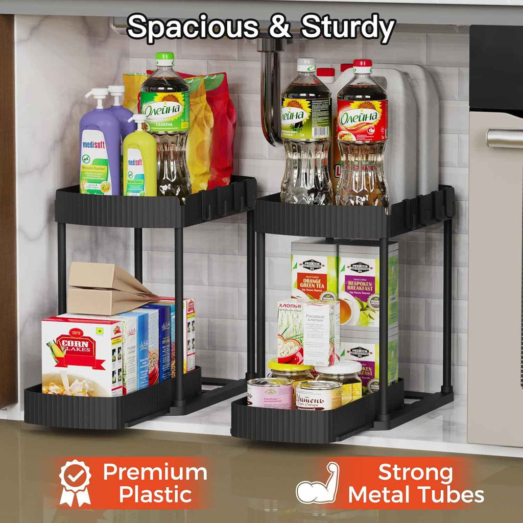 Versatile Under-Sink Organizers: 12.8" Black Pullout Storage for Bathroom & Kitchen, 2-Pack