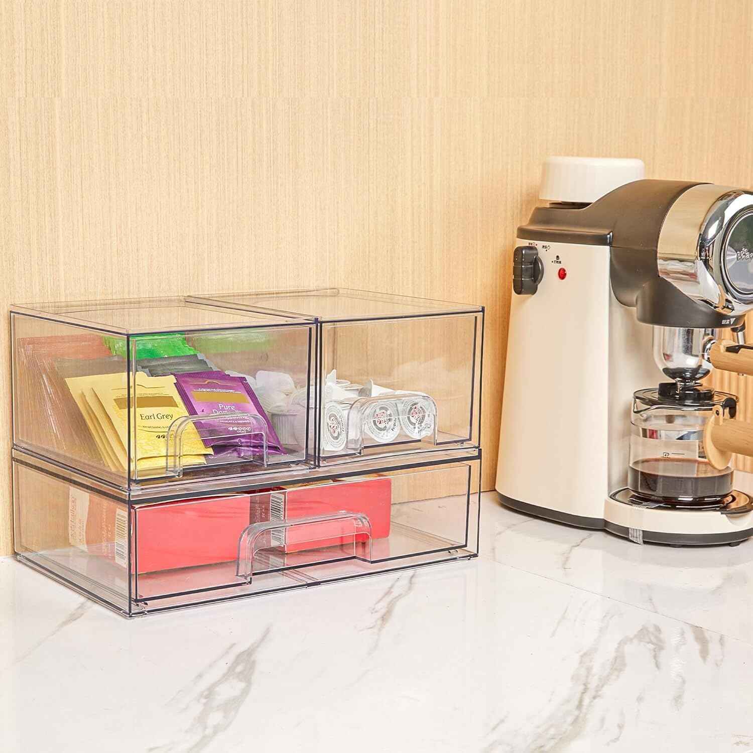 Vtopmart Stackable Storage Drawers Set of 5, Clear Plastic Organizer Bins for Baby Bottle, Beauty Supplies Storage, Ideal for Kichen Countertop, Vanity, Bathroom, Cabinet, Pantry Organization