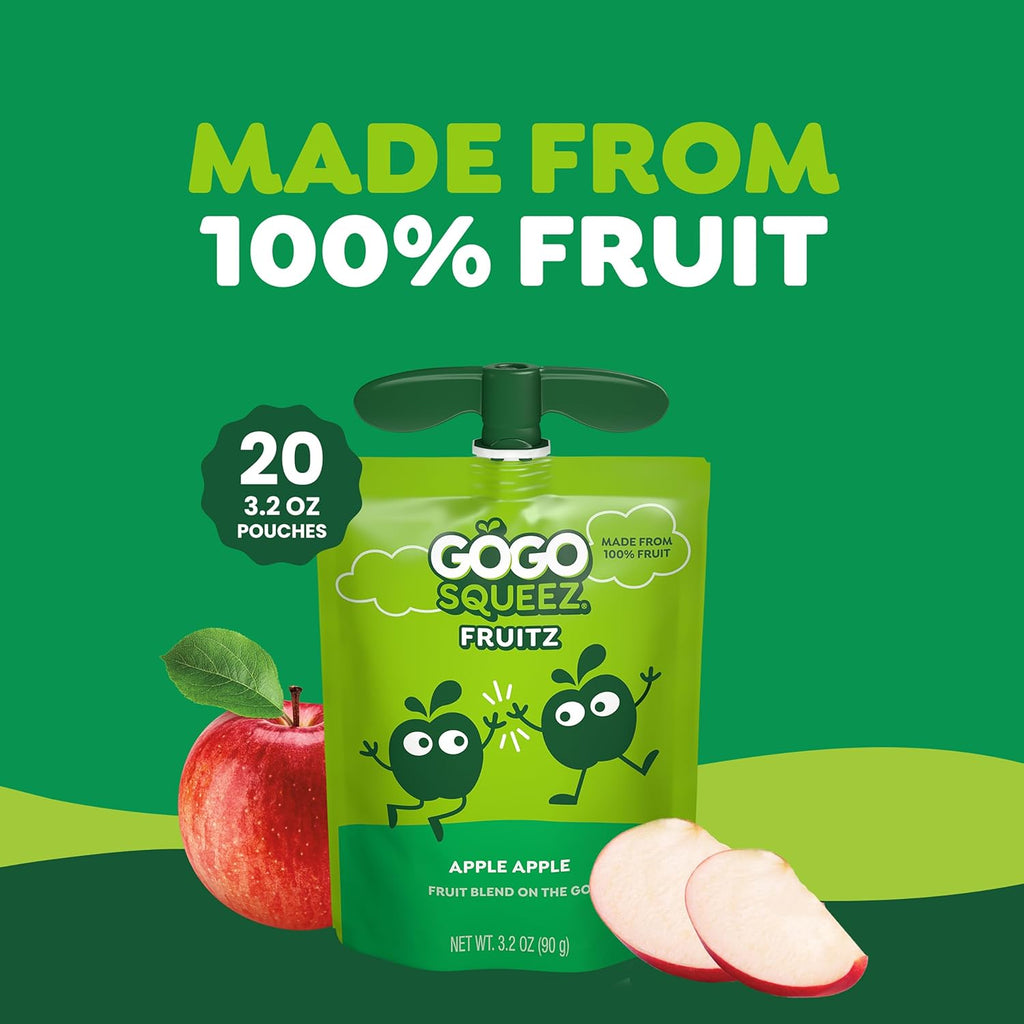 gogo squeeZ fruit on the go, apple apple, 3.2 oz, unsweetened, gluten free, nut free, recloseable, bpa free, pack of 20