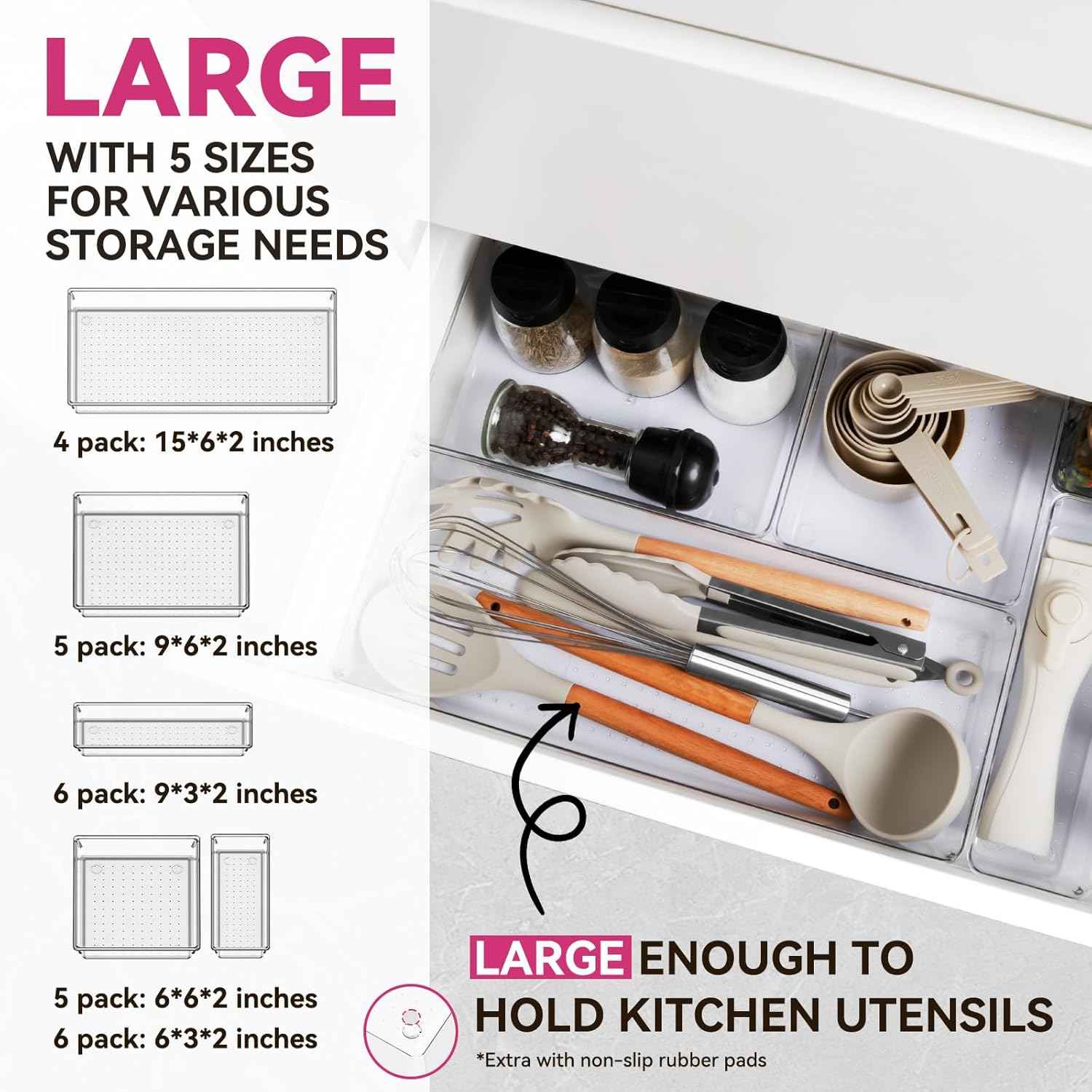 Criusia 26-Pack Large Drawer Organizer Bins - Clear Plastic Kitchen and Bathroom Organizers