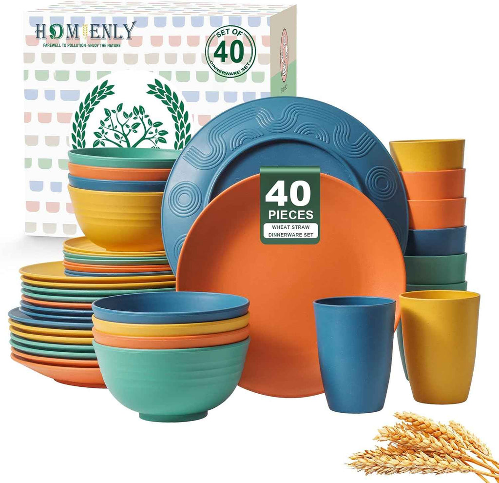 Homienly 40-Piece Premium Wheat Straw Dinnerware Sets, Service for 8, Unbreakable Plates and Bowls Set - Cups Sets, Dinner Plates, Bowls for Kitchen,Dishwasher and Microwave Safe Dishes Set - Multi