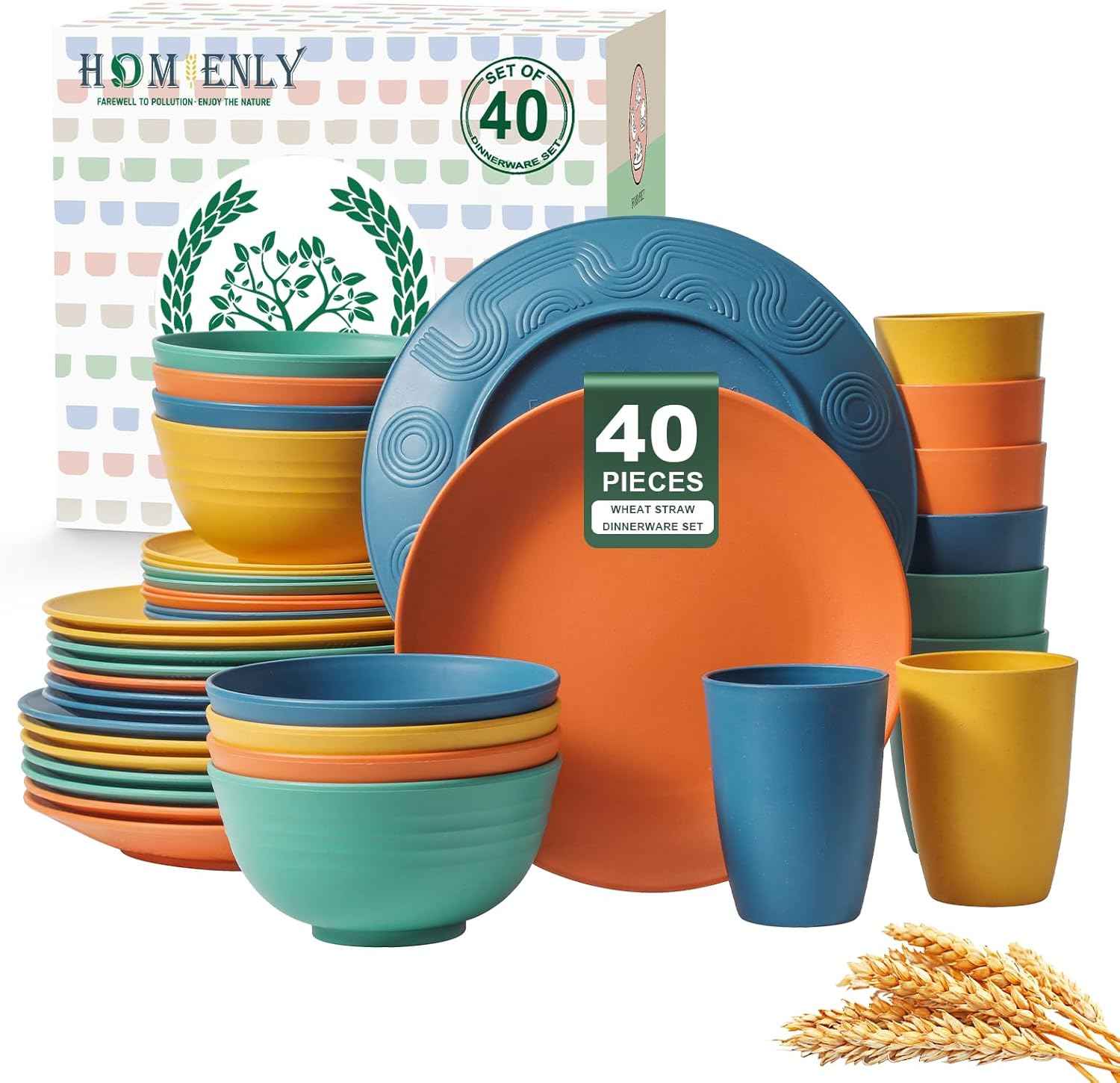 Homienly 40-Piece Unbreakable Wheat Straw Dinnerware Set, Service for 8