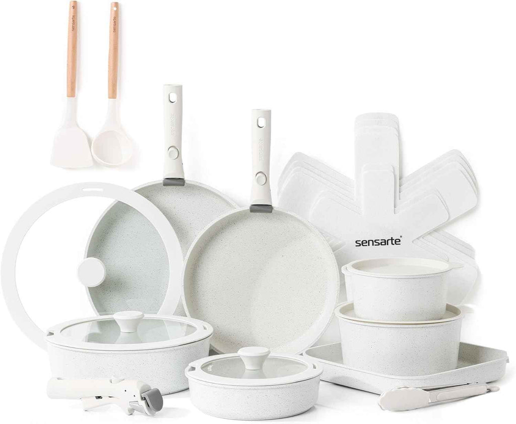 SENSARTE 24-piece non-stick cookware set with detachable handle, induction compatible, RV safe, dishwasher and oven safe (white)