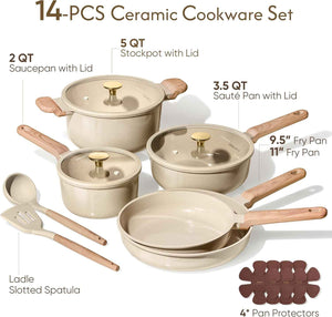 CAROTE 14Pcs Non-stick Ceramic Cookware Set, PFAS and PFOA Free, Kitchen Cooking Essentials
