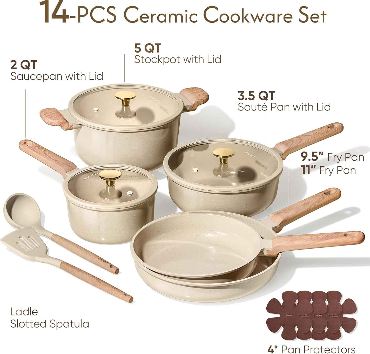 CAROTE 14Pcs Non-stick Ceramic Cookware Set, PFAS and PFOA Free, Kitchen Cooking Essentials