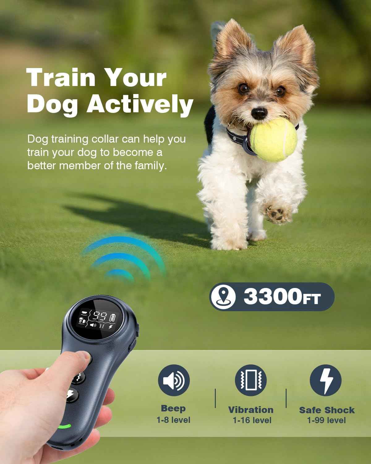 2-in-1 Dog Shock Collar & Dog Bark Collar - Smart Anti Barking Dog Training Collar with 5 Adjustable Sensitivity & 3300FT Remote for All Breeds IP67 Waterproof E-Collar
